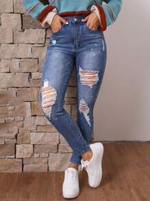 SHEIN LUNE Women's Skinny Distressed Jeans - Blue - View 4