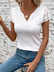 SHEIN Clasi 女士蕾絲拼接短袖t恤 - 白色 - 查看 3