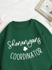 INAWLY Áo nỉ chui đầu cỡ lớn với họa tiết cỏ ba lá và chữ cái, thích hợp cho mùa thu. - Màu xanh lá cây đậm - Xem 4