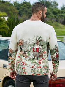 Extended Sizes Men's Plus Size Cartoon Pattern Long Sleeve Sweater - Beige - View 2