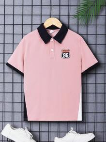 Boys' Loose Fit Casual Color Block Polo Shirt With Turn-Down Collar And Letters Patch, Short Sleeve - Pink - View 1