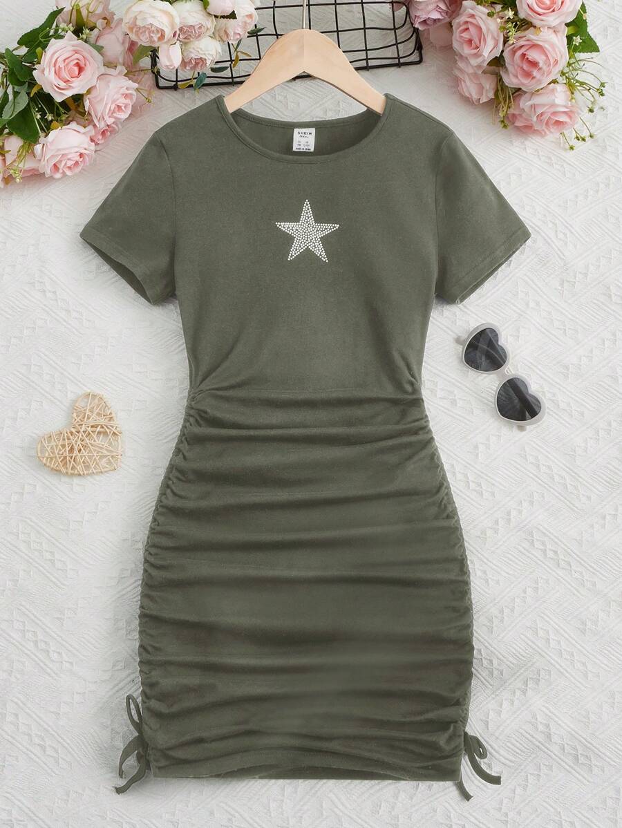 SHEIN Thiếu niên Cô gái Hình ngôi sao Pha lê Nghệ Embellished Viền xếp Thể thao Đầm giản dị - xanh quân đội - Xem 1