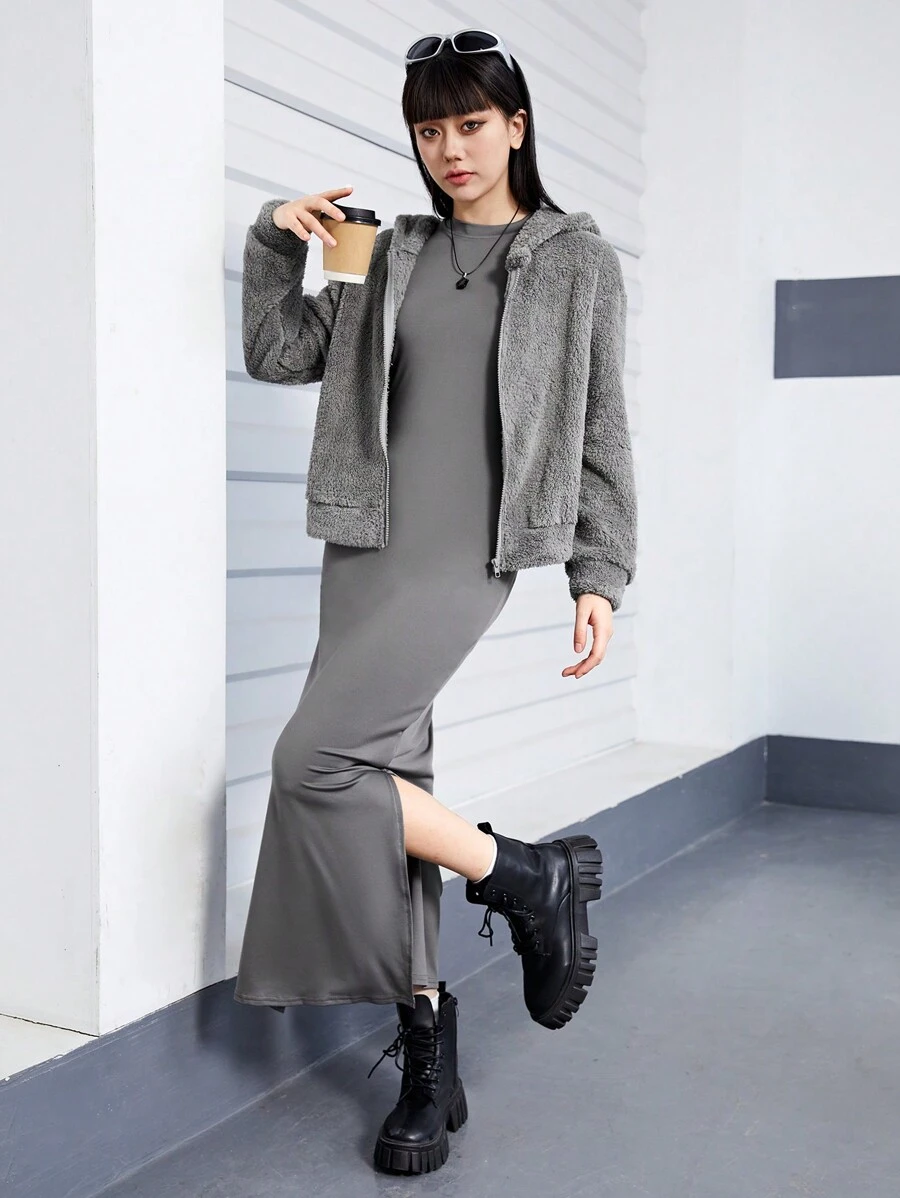 青少女天鵝絨連帽外套和連衣裙套裝,冬季 - 灰色 - 查看 1