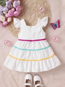 Abito Plissettato Colorato Con Maniche A Pipistrello A Volant Per Bambine, Chiusura Con Zip, Design Semplice, Asciugatura Rapida, Comodo, Per Primavera Ed Estate