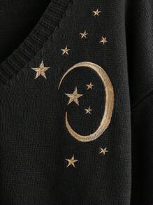 ROMWE Hippie 刺绣细节落肩短款开衫，适合冬季 - 黑色 - 查看 3