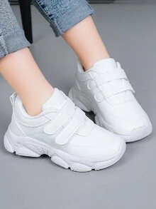 1對春季新款兒童純色魔鬼氈運動鞋，PU材質輕便時尚休閒跑步鞋，男女童鞋 - 白色 - 查看 8