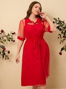 SHEIN Clasi Plus Size Plain Color Two Piece Dress Set - Red - View 5