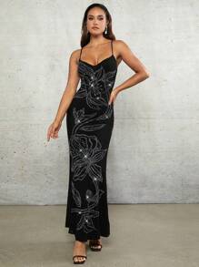 SHEIN BAE Black Knitted Sexy Backless Rhinestone Prom Date Dress Suspender Summer Long Fishtail Dress - Black - View 4