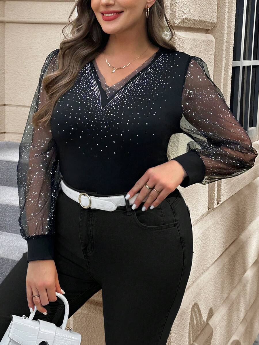 SHEIN Clasi Plus Size Women'S Long Sleeve Mesh Top With Shiny Sequin Patchwork - Black - View 1