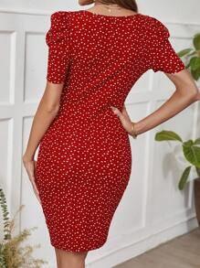 SHEIN Clasi Vestido Rojo De Mujer Con Manga Abullonada Y Estampado De Corazones Ajustado Al Cuerpo - Burdeos - Ver 3