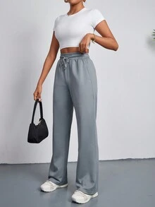 SHEIN Essnce Ladies' Drawstring Waist Pants - Grey - View 4