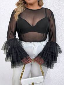 SHEIN Unity Plus Contrast Mesh Flounce Sleeve Mesh Top - Black - View 6
