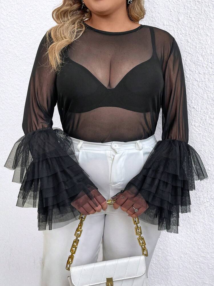Plus Contrast Mesh Flounce Sleeve Mesh Top