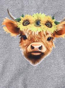 SHEIN Toddler Girls' Sunflower Pattern T-Shirt And Denim Overall Set For Holiday - Grey - View 8