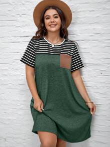 SHEIN LUNE Plus Size Summer Color Block Striped Patchwork Round Neck Tie Waist Pocket Daily Casual Mother Day Dress - Army Green - View 5