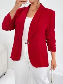 SHEIN Essnce 秋冬款大码女士披肩领单纽扣西装外套 - 紅色 - 查看 2