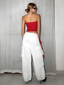 SHEIN ICON Y2K Women's Asymmetric Hem Ruched Ruffled Hem Strapless Mesh Top - Red - View 2
