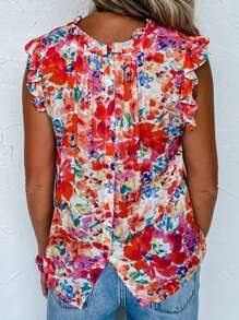 Astylish Women's Boho Floral Print Summer Tank Tops Frill Neck Pleated Sleeveless Shirt Vintage Casual Blouse Top