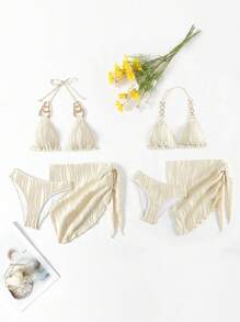 Bộ đồ bơi 3 món/bộ cho tuổi teen kèm phụ kiện vàng, Bộ đồ bơi thường ngày đi nghỉ dưỡng thời trang, Trang phục phù hợp cho mẹ và bé (3 bộ được bán riêng) - Màu be - Xem 3