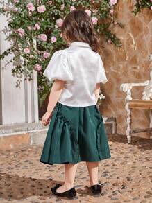 SHEIN Young Girl's Satin Collar Button-Front Puff Sleeve Shirt With Frill Trim Skirt Set, Mommy And Me Matching Outfits (3 Pieces Sold Separately)