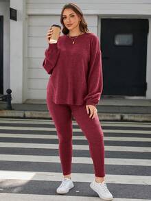 SHEIN LUNE Kích thước lớn Của phụ nữ Vòng cổ Thả vai Tay áo dài Áo Và Quần 2 cái/bộ - Đỏ - Xem 5