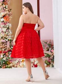 SHEIN Belle Women's Plus Size Red Strapless Flowing Mesh Spliced ​​Three-Dimensional Floral Fabric Dark Opium Style Babydoll Dress Graduation Party Dress Music Festival Dress Cocktail Party Dress - Red - View 3