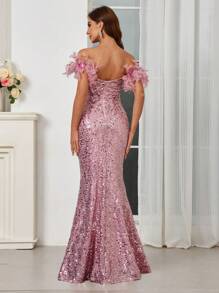 SHEIN Belle Vestido de noche elegante y romántico con lentejuelas brillantes, con hombros decorados con plumas falsas (plumas falsas), elegante para baile de graduación, cena, boda como invitada - Rosa - Ver 2