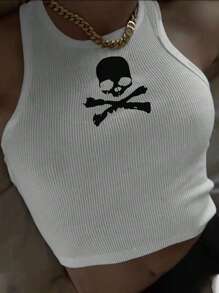 INAWLY Women's Sleeveless Crop Top With Skull Print Graphic Tees Women Tops