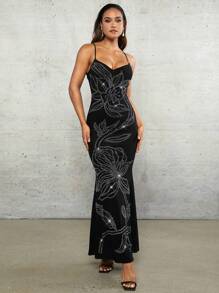 SHEIN BAE Black Knitted Sexy Backless Rhinestone Prom Date Dress Suspender Summer Long Fishtail Dress - Black - View 2
