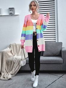 SHEIN Essnce Rainbow Stripe Long Sleeve Cardigan - Multicolor - View 3
