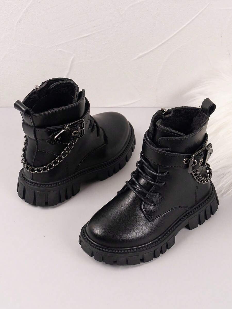 黑色兒童機車靴,中性風格帶鏈裝飾短工作靴,保暖防水pu皮鞋