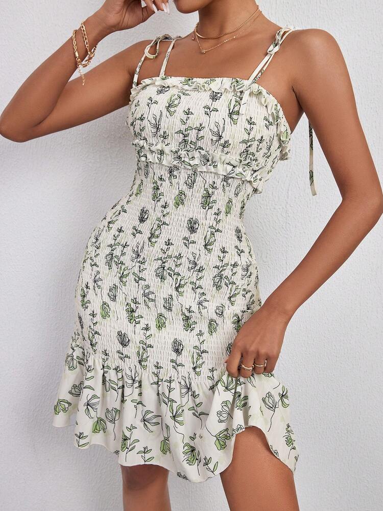 Ruffle Hem & Printed Patchwork Spaghetti Strap Dress With Elegant Style