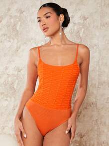 SHEIN BAE Textured Slim Fit Cami Bodysuit - Orange - View 4