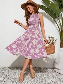 SHEIN VCAY Women's Floral Print Shirred Sleeveless Dress - Multicolor - View 3