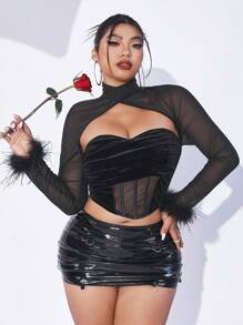 SHEIN ICON Plus Size Women's Mesh Contrast Furry Sleeve Cuffs Slim Fit Top - Black - View 2