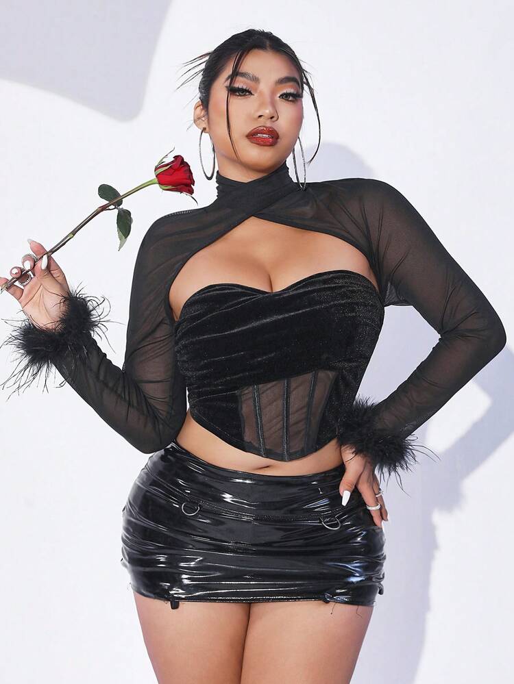 Plus Size Women's Mesh Contrast Furry Sleeve Cuffs Slim Fit Top