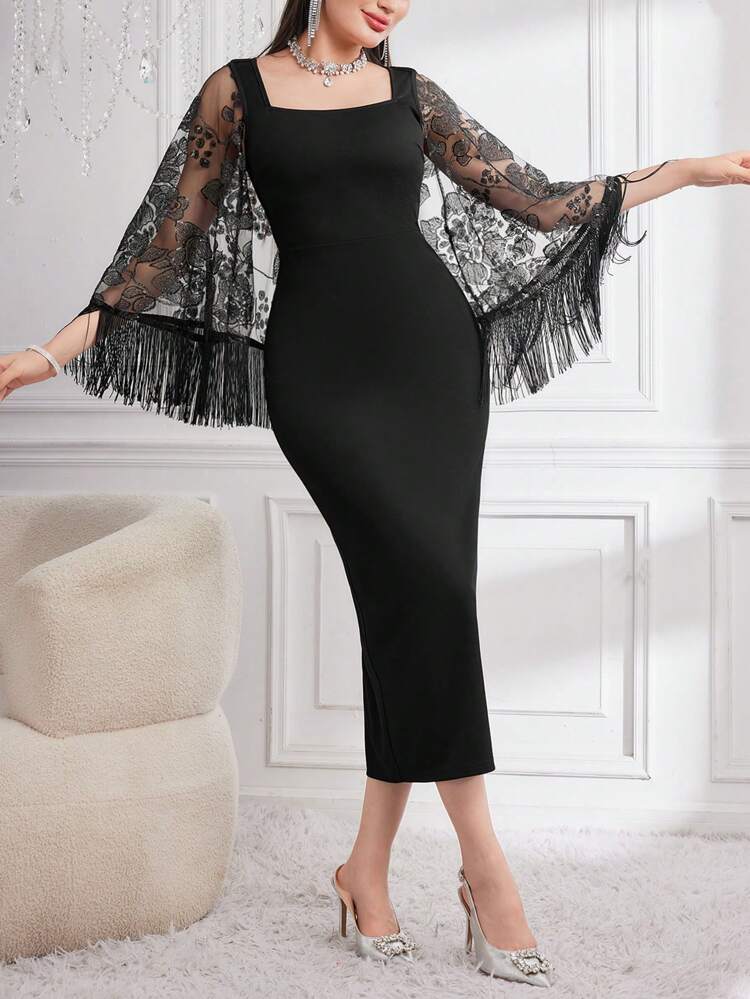 Women'S Sheath Dress With Square Neckline, Embroidered Mesh Cape, Doesn'T Including Waist Chain,Elegant Evening Party Dress Long Evening Dresses