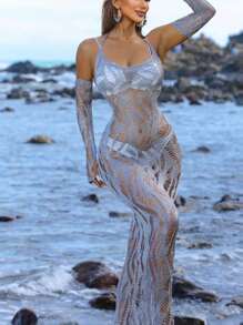 SHEIN SXY Women's Hollow Out Halter Neck Sweater Dress - Grey - View 3