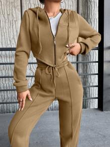 RueChic Women's Zipper Front Hooded Sweatshirt And Pants Set - Apricot - View 4