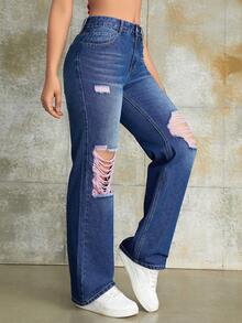 Y2K Street Solid Ripped Slant Pockets Baggy Straight Leg Jeans Daily Casual Denim Pants - Blue - View 5