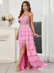 SHEIN Belle Elegante vestido de gala con aplicaciones en el busto, corte asimétrico, abertura alta y volantes en capas, color rosa, para mujeres para el Día de San Valentín