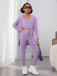 SHEIN Bộ áo len cardigan dài tay trơn dệt kim thanh lịch kiểu đô thị cho bé gái tuổi mới lớn, áo ba lỗ cami và quần dệt kim - Màu Lilac Tím - Xem 3