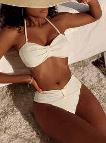 SHEIN Swim Bộ bikini dây thắt lưng đi biển mùa hè dành cho nữ và bộ bikini quần tam giác - Màu be - Xem 5