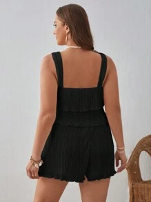 SHEIN VCAY Plus Size Women's Frill Trim Spaghetti Strap Tank Top And Shorts Set - Black - View 2