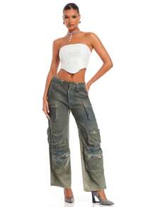 SHEIN BAE Women's Denim Jeans With Multiple Pockets And Distressed Finish, Featuring Rock & Western Style - Dark Grey - View 4