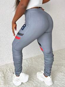 Slaydiva 女性字母印花修身收口褲 - 灰色 - 查看 5