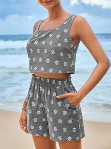 Soleia Women's Daisy Plaid Vest And Shorts Set - Black - View 3