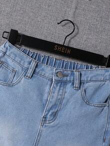 SHEIN Tween男孩休閒中腰直筒牛仔褲,字母印花款 - 淺色水洗藍 - 查看 4