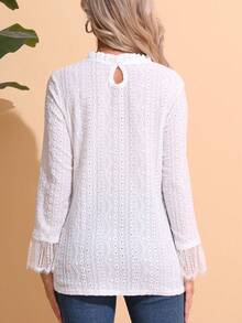 CheersLife Solid Color Long Sleeve Jacquard Knit Loose Casual T-Shirt - White - View 2