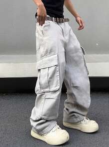 Manfinity Roghcode 男式翻盖口袋和侧面板设计工装牛仔裤（不含腰带） - 灰色 - 查看 3